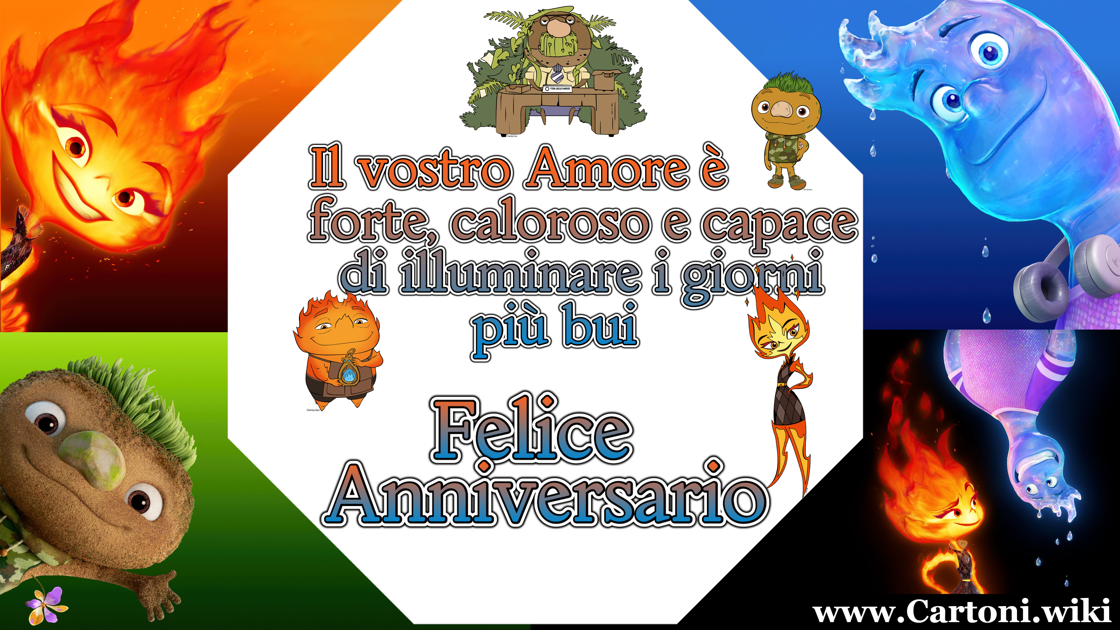 Biglietto di auguri buon anniversario con i personaggi di Elemetal Biglietto di auguri felice anniversario basato sul film Disney Pixar Elemental da condividere con chi festeggia il proprio anniversario di matrimonio. - Immagini gratis