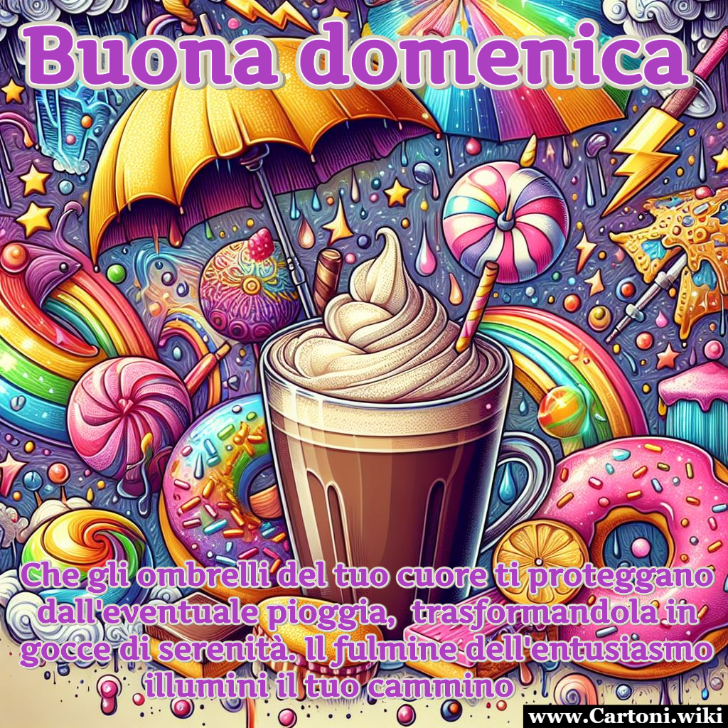 Buona domenica con pioggia e caff Buona Domenica! Anche se piove e gli ombrelli sono d'obbligo, questa immagine colorata con pioggia e fulmini  un alleato per affrontare il brutto tempo con un sorriso. Che ogni goccia porti serenit e ogni fulmine illumini la tua giornata!  - Immagini gratis