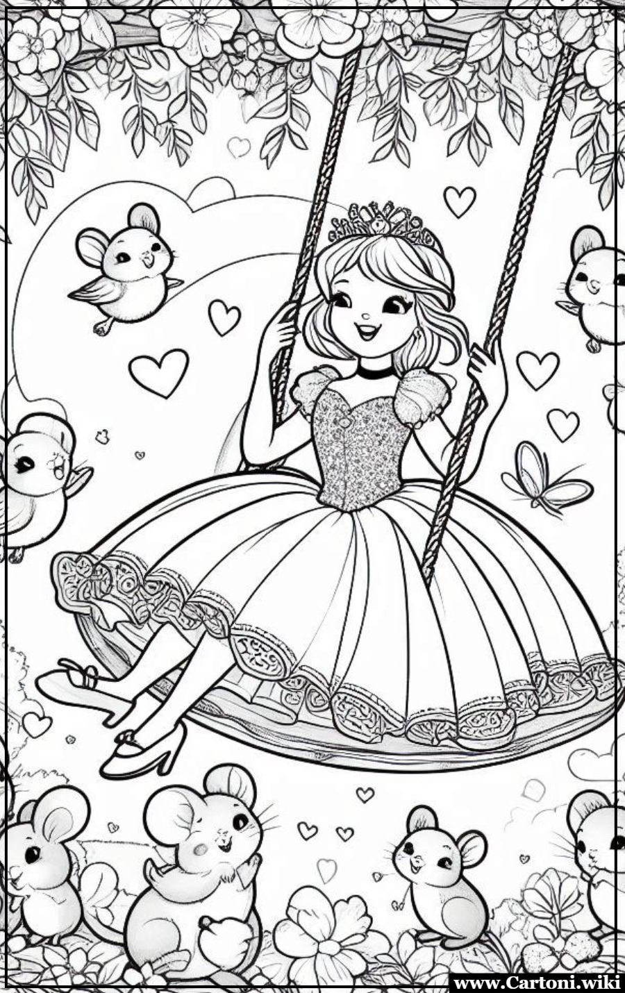 Cinderella sullAltalena Circondata da Fiori Cenerentola,Disegni da colorare,Immagini da colorare,immagini da stampare