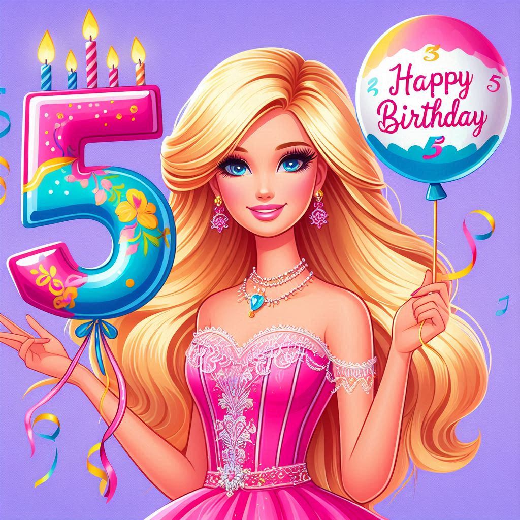 Barbie con palloncino con il numero 5 e la scritta happy birthday