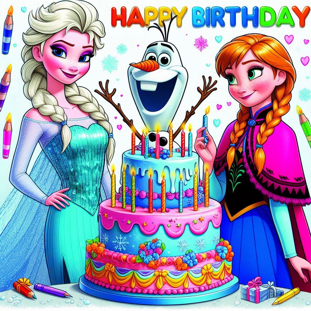 Immagine colorata con Elsa, Anna e Olaf del film di animazione Frozen. I tre personaggi sono sorridenti e circondano una grande torta di compleanno decorata. Sopra la torta, la scritta 'Happy Birthday' in colori vivaci, perfetta per un biglietto di auguri di buon compleanno.