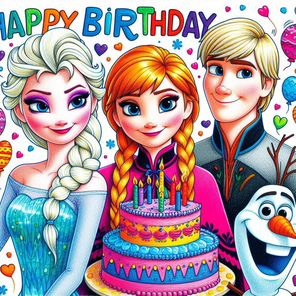 Immagine colorata con Elsa, Anna e Olaf del film di animazione Frozen. I tre personaggi sono sorridenti e circondano una grande torta di compleanno decorata. Sopra la torta, la scritta 'Happy Birthday' in colori vivaci, perfetta per un biglietto di auguri di buon compleanno.