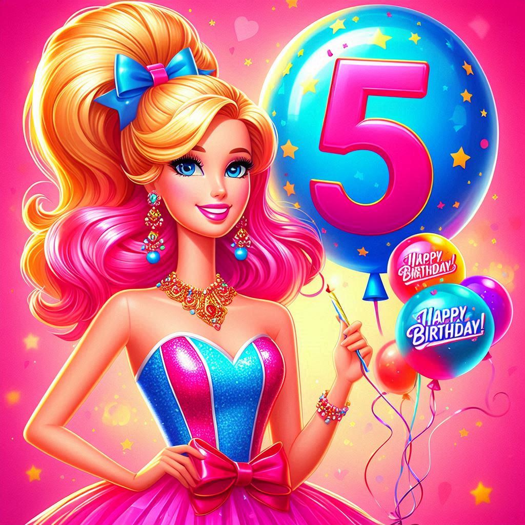 Buon compleanno 5 anni con Barbie 5 anni,Barbie,Biglietti di auguri,Buon compleanno 5 anni