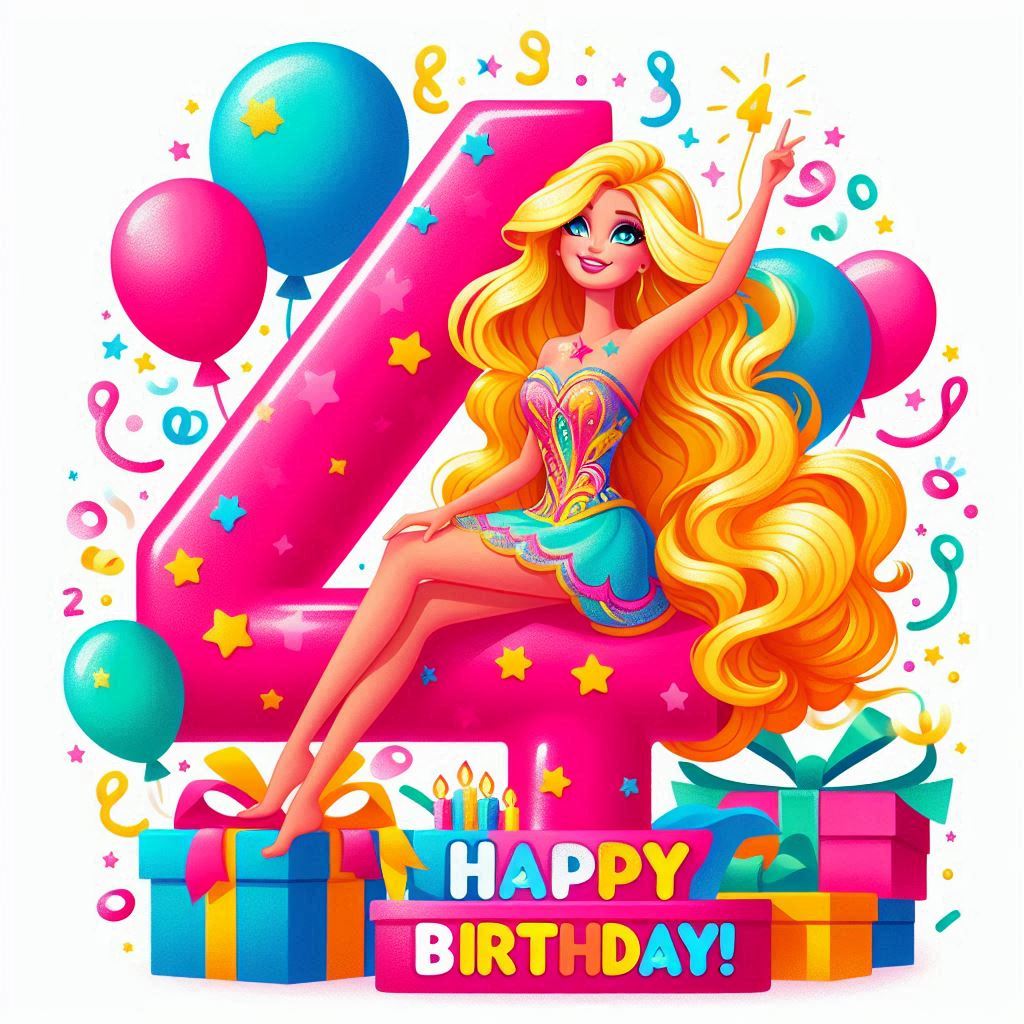 Buon compleanno 4 anni con Barbie e palloncini con il numero 4 torta e festoni