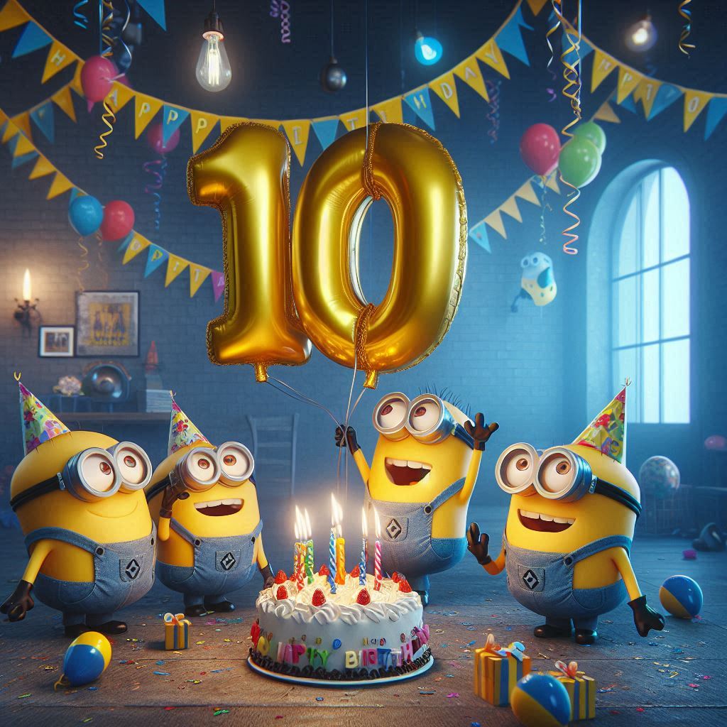 i minions che giocano come nel film cattivissimo me ad un compleanno con un palloncino con il numero 10 e festoni, la scritta happy birthday