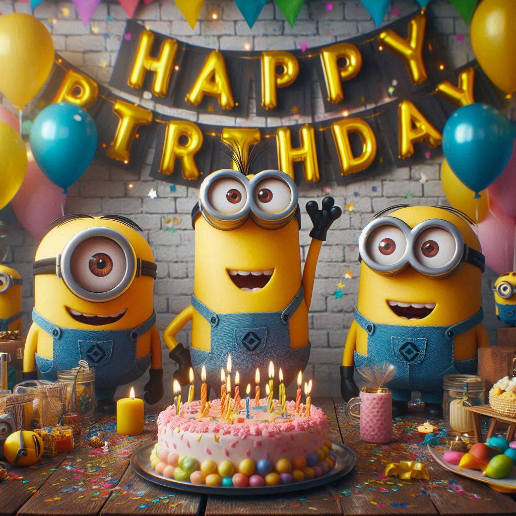 i minions come nel film cattivissimo me ad un compleanno con palloncini e festoni e la scritta happy birthday