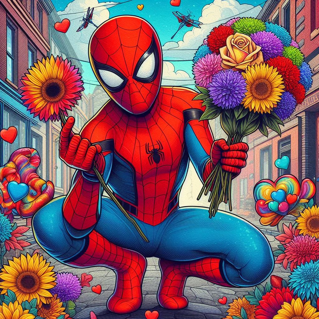 Buon onomastico con Spiderman con un Mazzo di Fiori: Un Biglietto di Auguri Speciale per un Onomastico