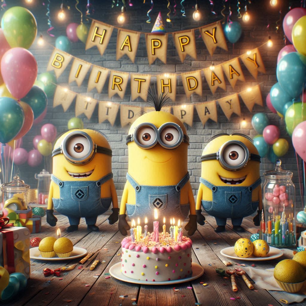 i minions come nel film cattivissimo me ad un compleanno con palloncini e festoni e la scritta happy birthday