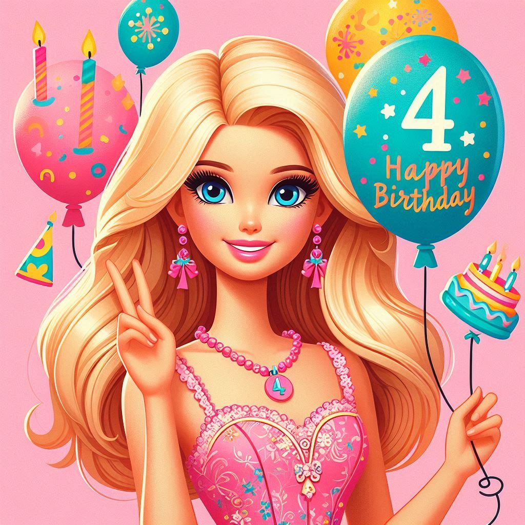 Buon compleanno 4 anni con Barbie e palloncini con il numero 4 torta e festoni