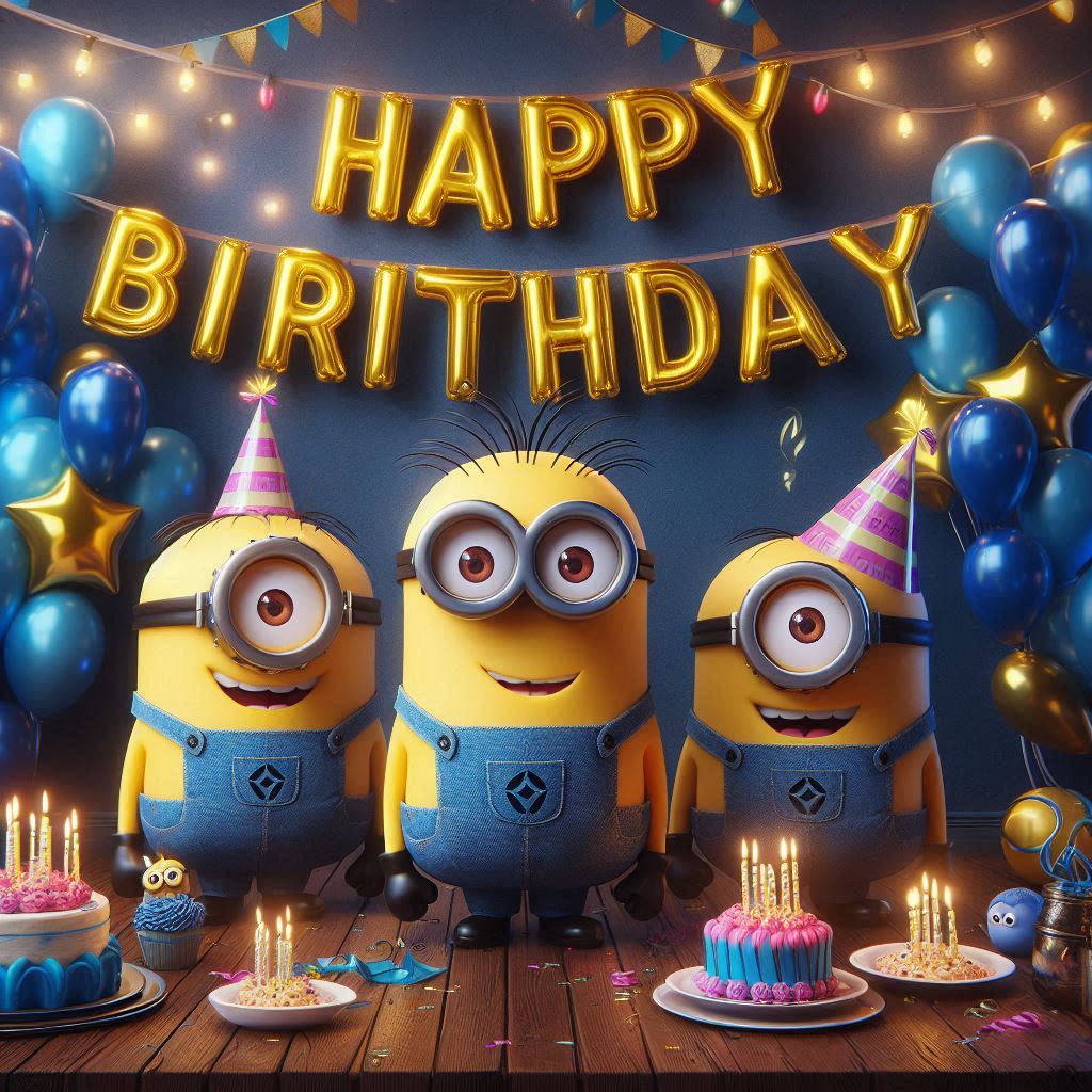 i minions come nel film cattivissimo me ad un compleanno con palloncini e festoni e la scritta happy birthday