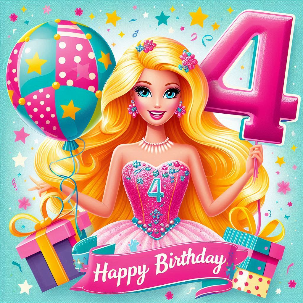 Buon compleanno 4 anni con Barbie e palloncini con il numero 4 torta e festoni