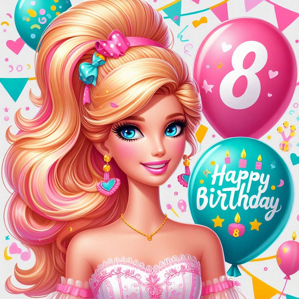 Buon compleanno con Barbie che tiene dei palloncini con la scritta happy birthday e il numero 8