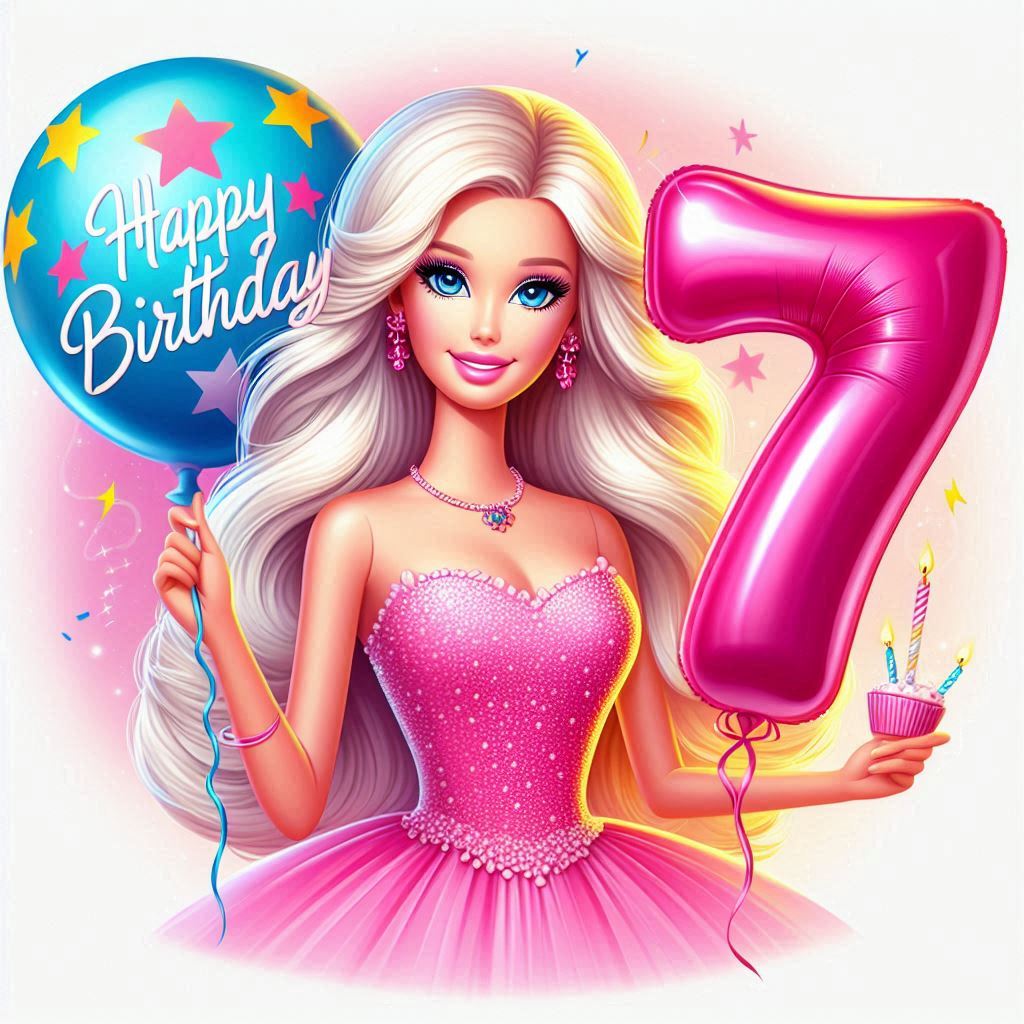 Barbie con palloncino con numero 7 e scritta happy birthday buon compleanno