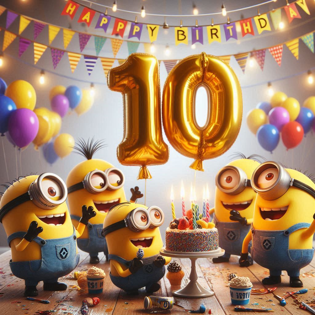 i minions che giocano come nel film cattivissimo me ad un compleanno con un palloncino con il numero 10 e festoni, la scritta happy birthday