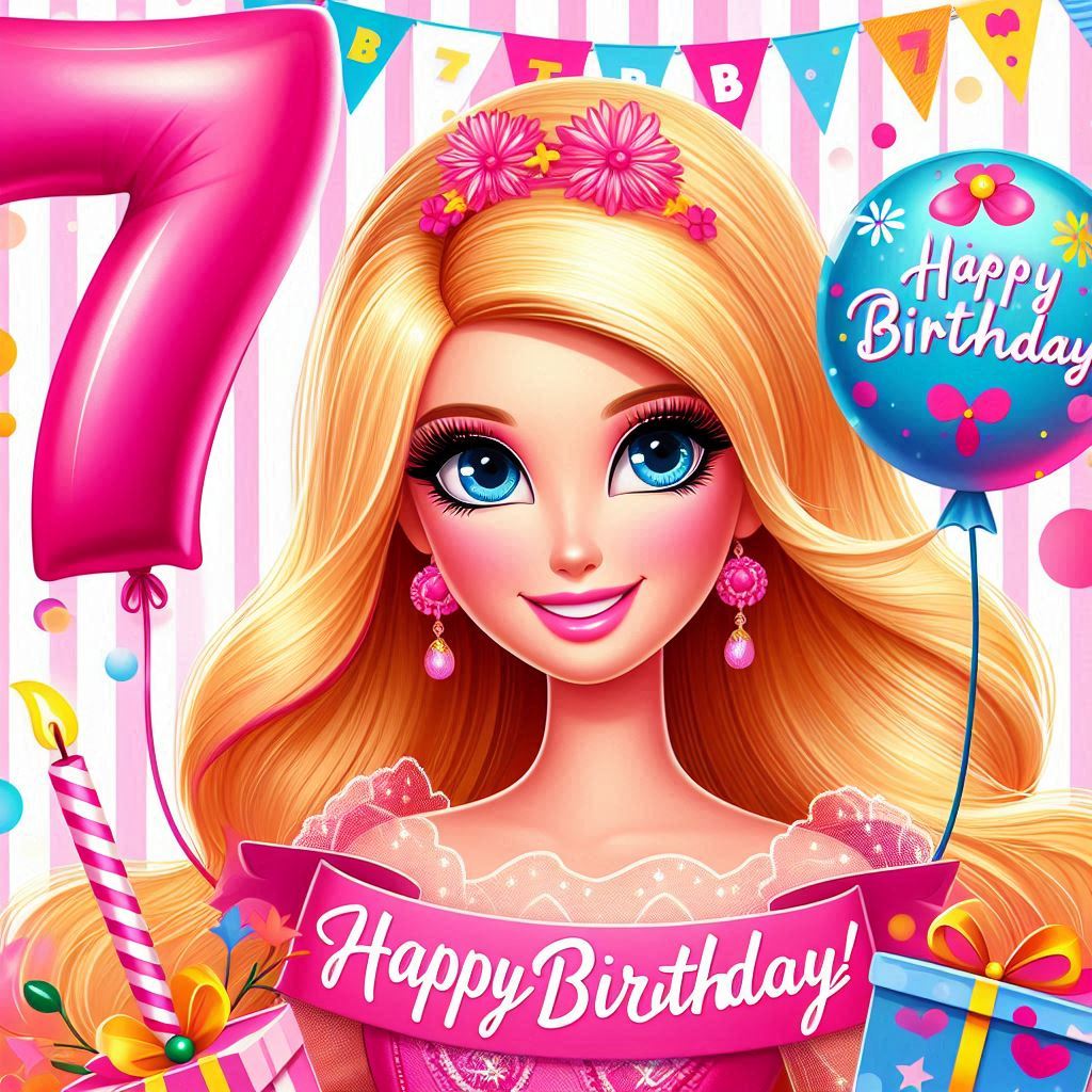 Barbie con palloncino con numero 7 e scritta happy birthday buon compleanno