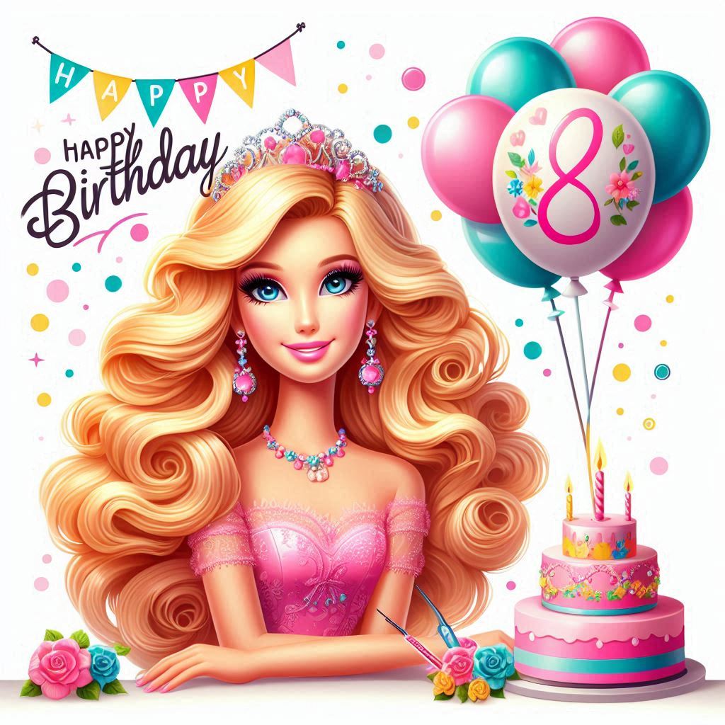 Buon compleanno con Barbie che tiene dei palloncini con la scritta happy birthday e il numero 8