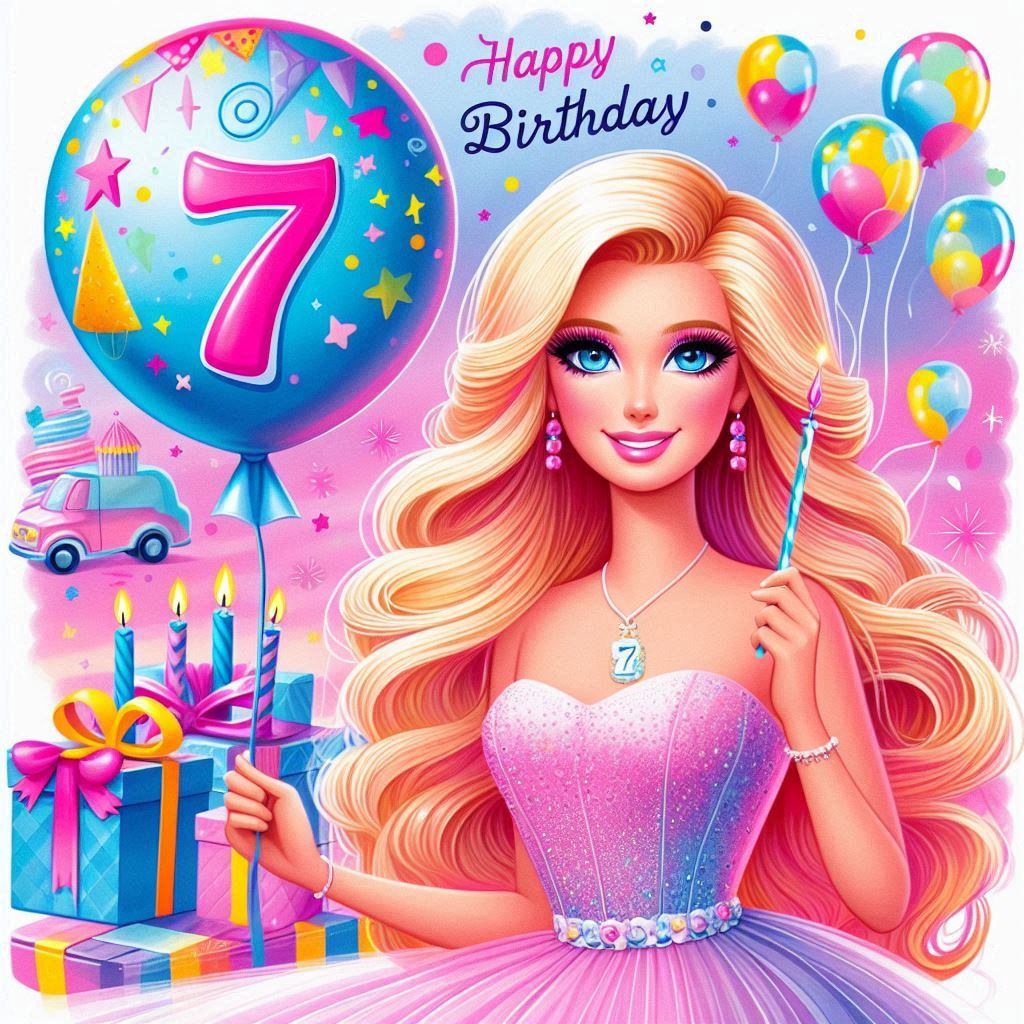 Barbie con palloncino con numero 7 e scritta happy birthday buon compleanno