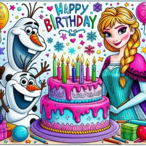 Immagine colorata con Elsa, Anna e Olaf del film di animazione Frozen. I tre personaggi sono sorridenti e circondano una grande torta di compleanno decorata. Sopra la torta, la scritta 'Happy Birthday' in colori vivaci, perfetta per un biglietto di auguri di buon compleanno.