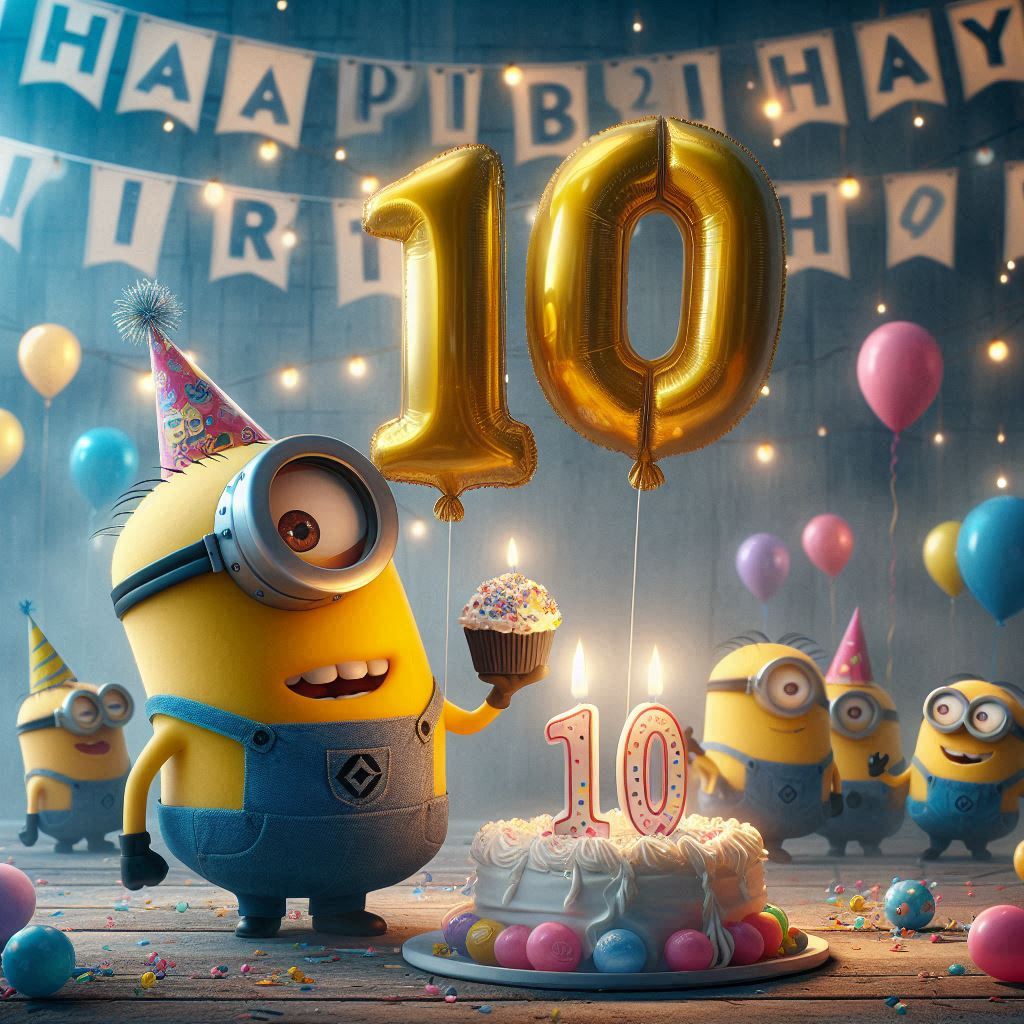 i minions che giocano come nel film cattivissimo me ad un compleanno con un palloncino con il numero 10 e festoni, la scritta happy birthday