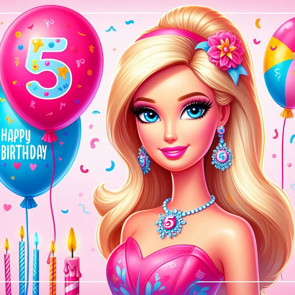 Barbie con palloncino con il numero 5 e la scritta happy birthday