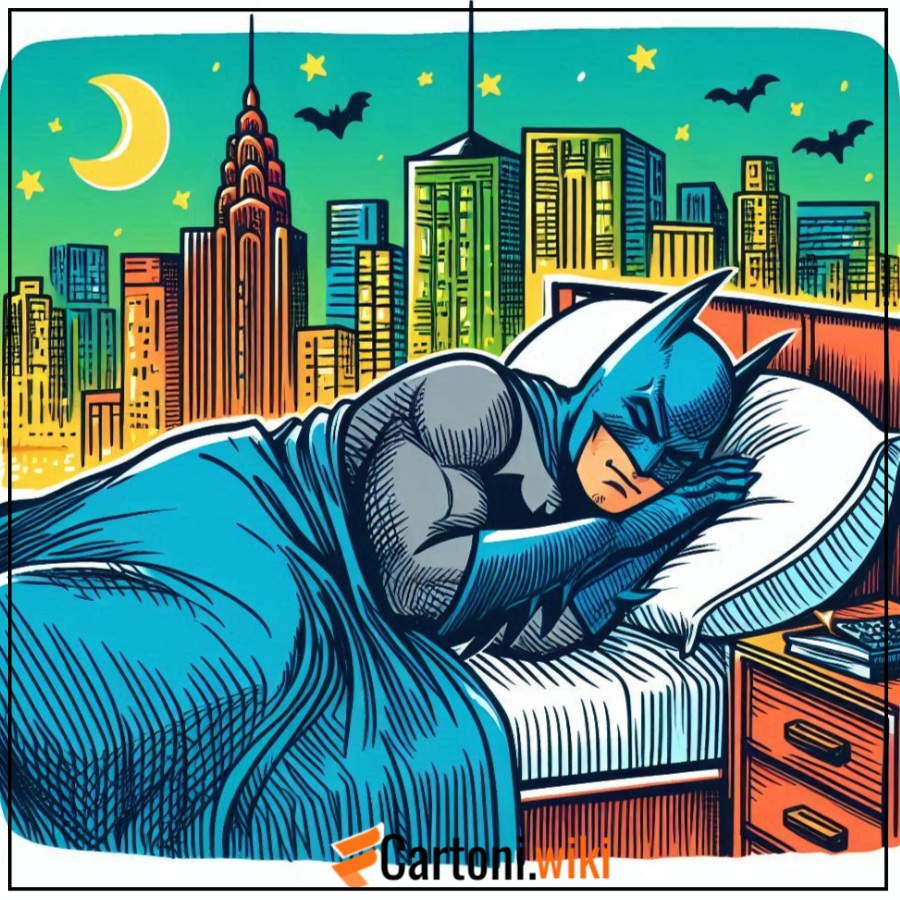 Disegno di batman che dorme nel suo letto nella batcaverna