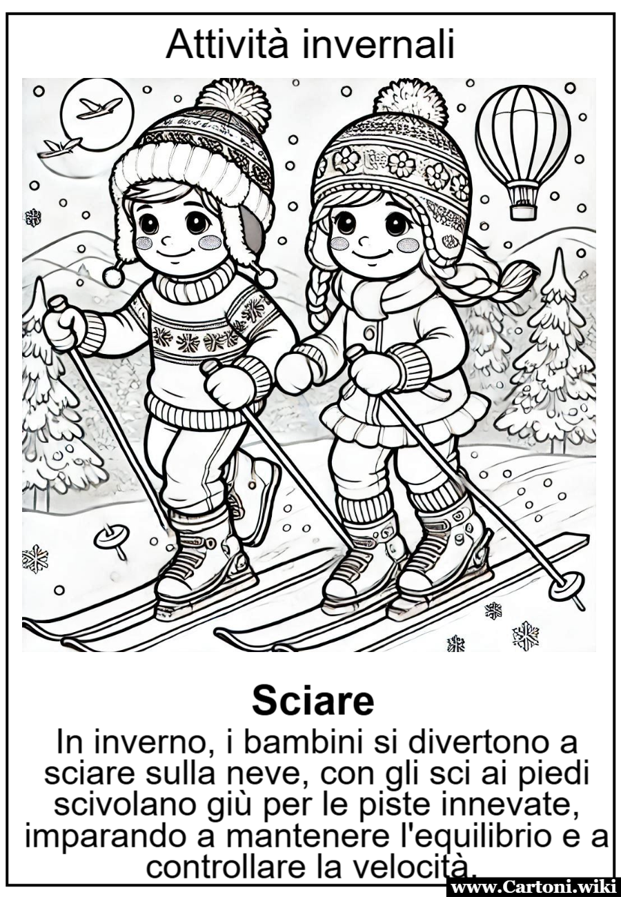 Disegno da Colorare: Bambini che Sciano sulla Neve